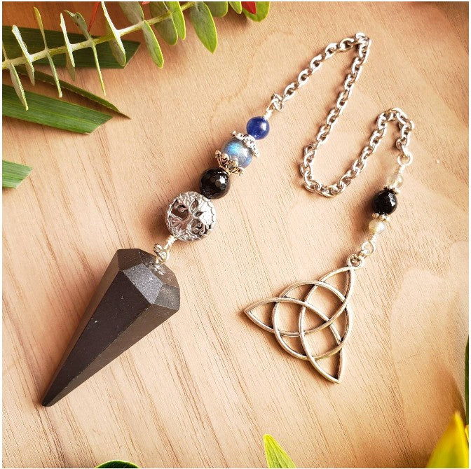 Black Tourmaline or Obsidian Pendulum | Sterling Silver Wrapped Beads | Triquetra Charm | Divination Tool