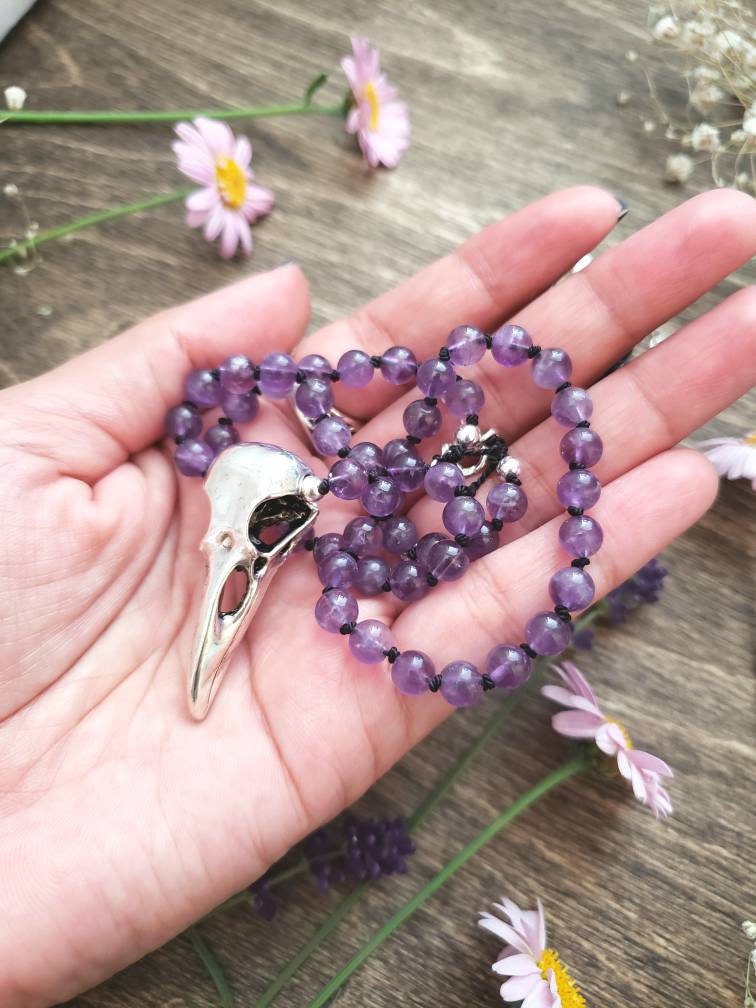 Raven Skull knotted choker | hand knotted silk | Gothic romance | Raven Spirit animal totem | Amethyst | Black Tourmaline
