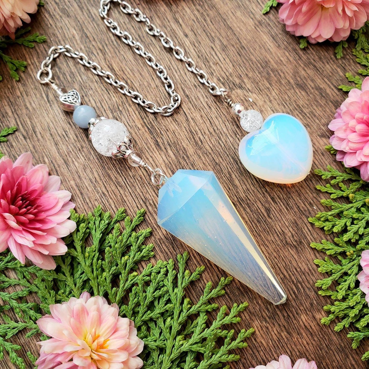 Opalite Pendulum | Angelite | Crackle Quartz | Opalite heart | Celtic heart bead