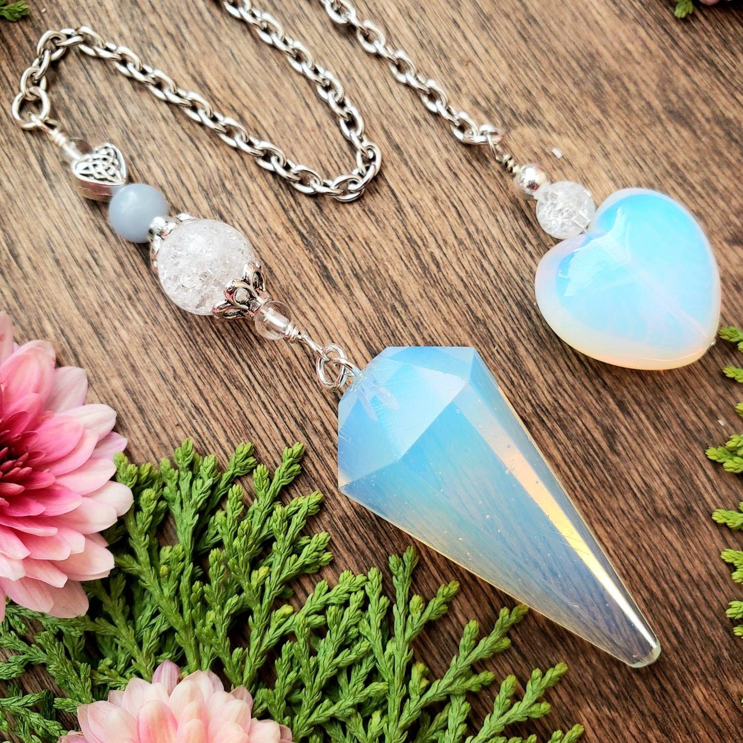 Opalite Pendulum | Angelite | Crackle Quartz | Opalite heart | Celtic heart bead