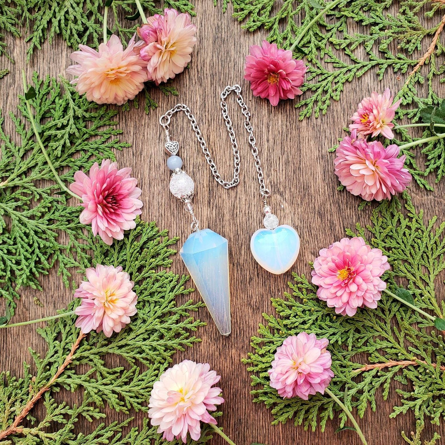 Opalite Pendulum | Angelite | Crackle Quartz | Opalite heart | Celtic heart bead