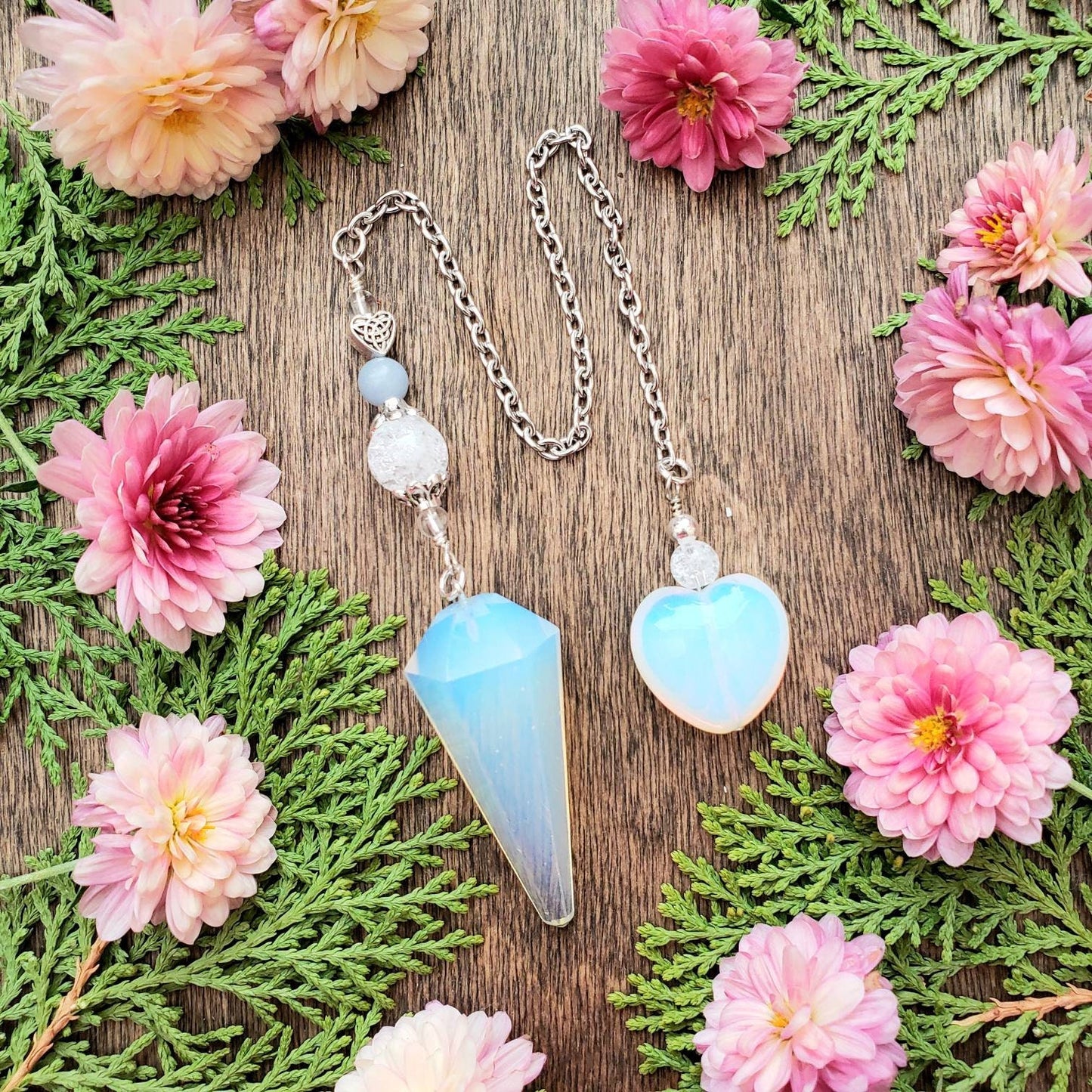 Opalite Pendulum | Angelite | Crackle Quartz | Opalite heart | Celtic heart bead