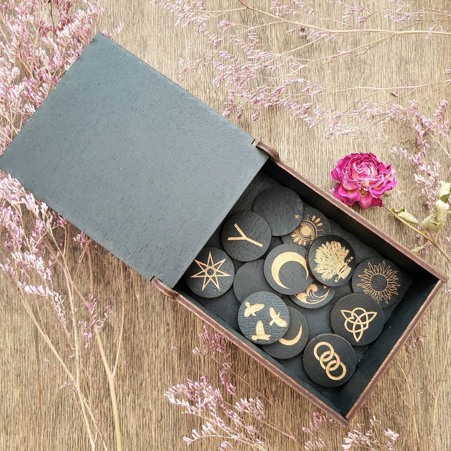 Triple Moon Rune Box | 13 Witch Runes | black painted wood | laser cut | the eye | sun | wave | triquetra | fairy star | crescent moon