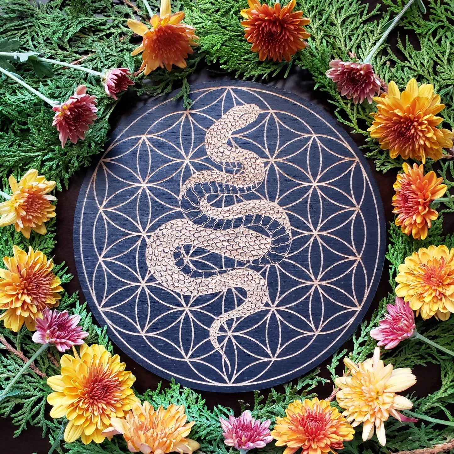 Snake Seed of Life Crystal Grid | laser engraved | divination | altar tile |