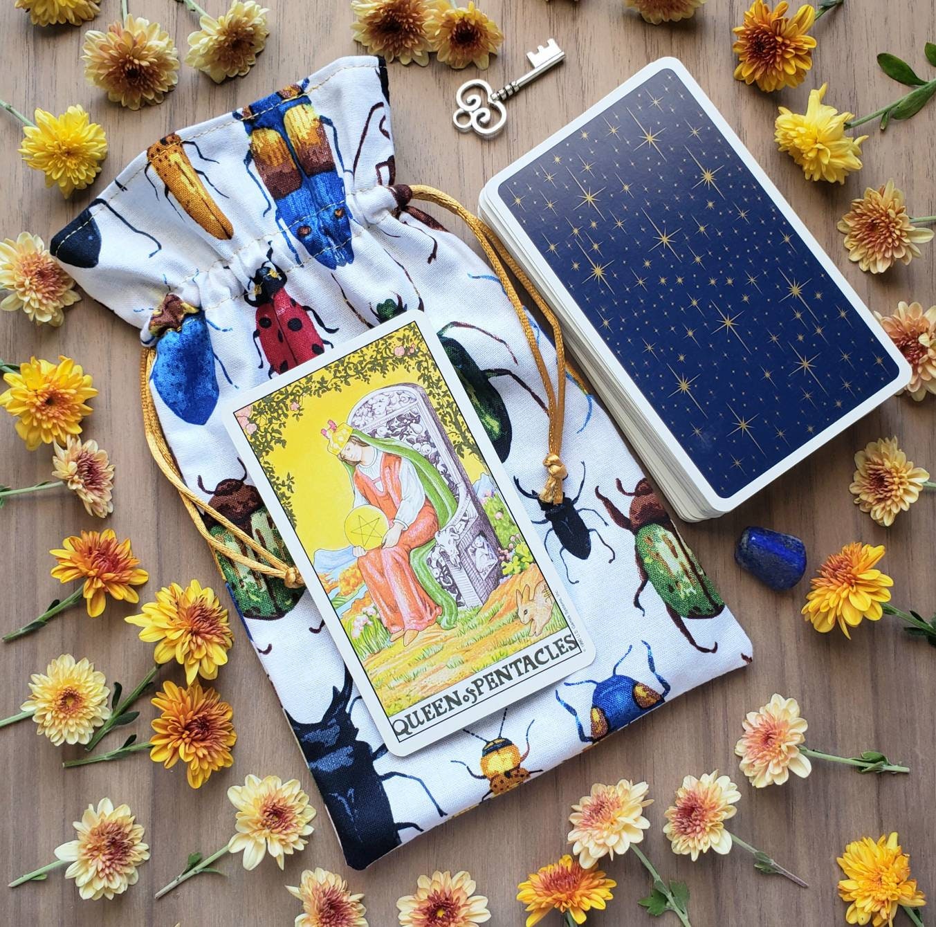 Bugs Tarot card Bag | Beetles, insects, scarabs | witchcraft travel draw string pouch | Oracle card | sachet | bone casting | dice | rune