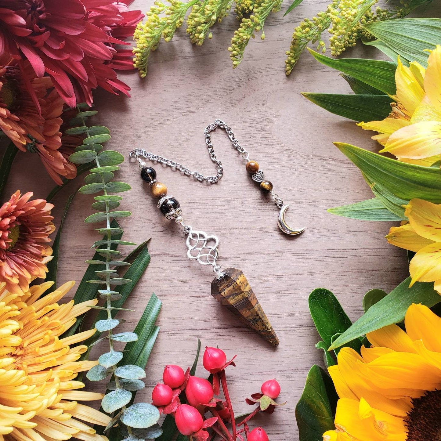 Tiger's Eye Pendulum | scrying | divination | dosing | Smokey quartz | grounding | protection