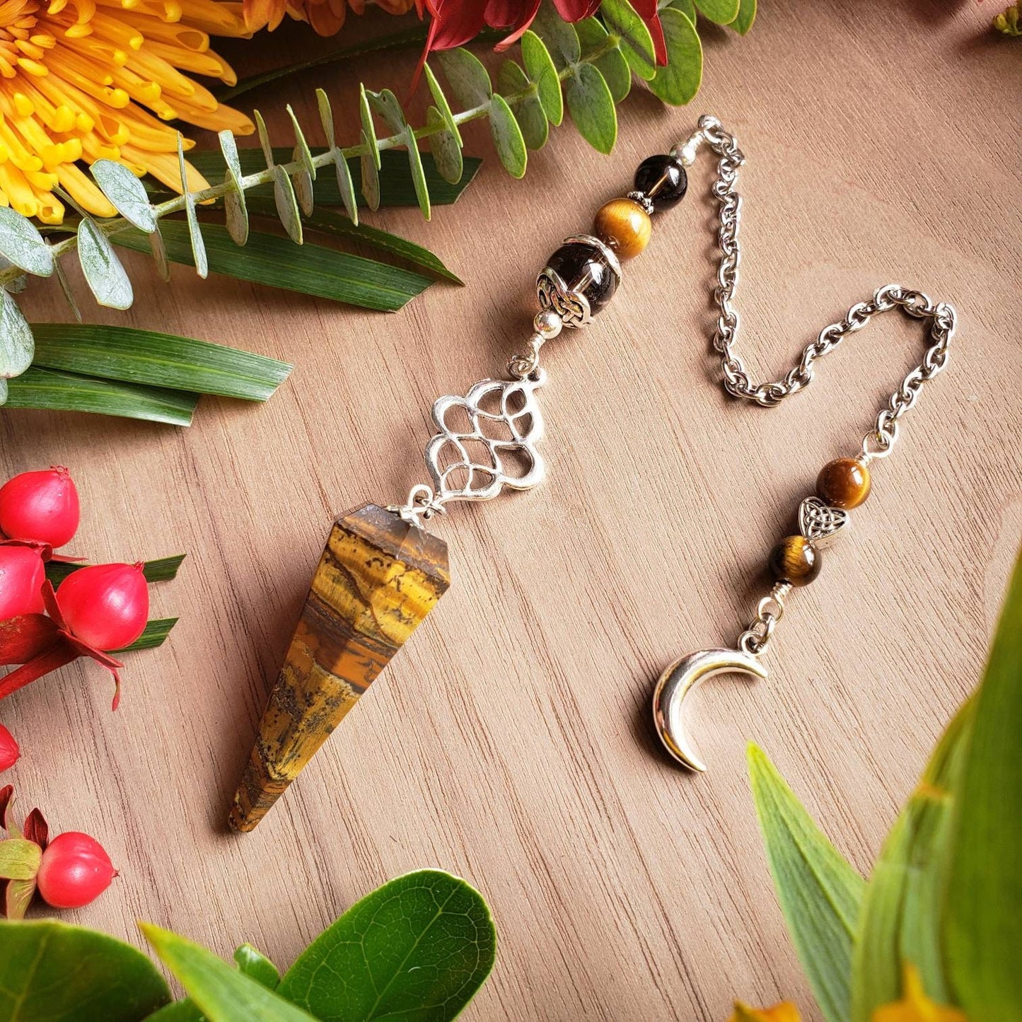 Tiger's Eye Pendulum | scrying | divination | dosing | Smokey quartz | grounding | protection