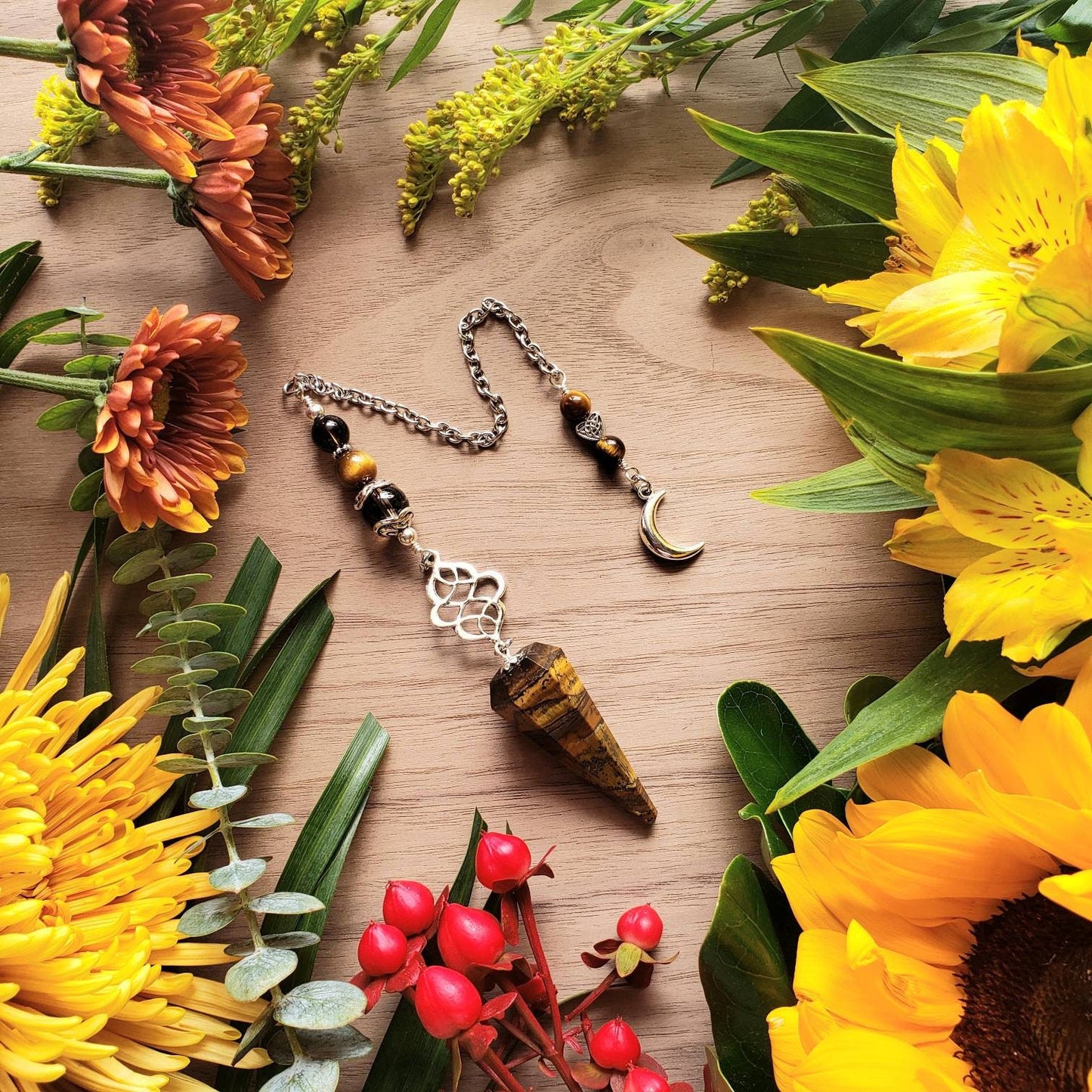 Tiger's Eye Pendulum | scrying | divination | dosing | Smokey quartz | grounding | protection