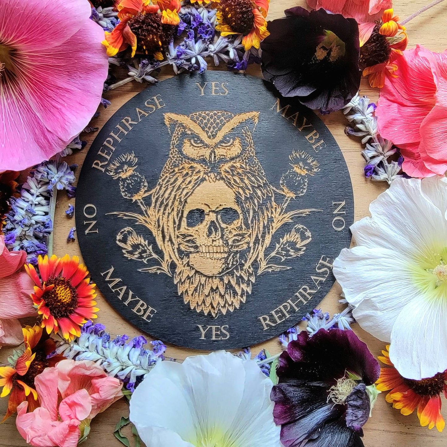 Owl & Skull Messenger wood pendulum board | laser engraved | divination | altar tile | scrying | divination | dowsing