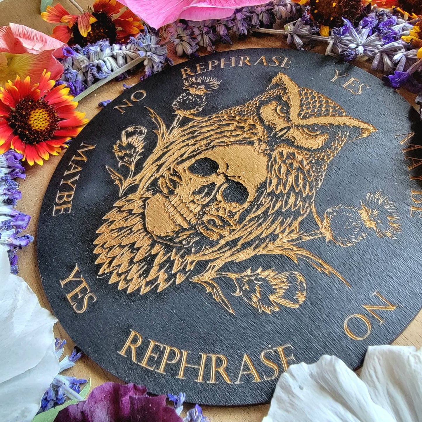 Owl & Skull Messenger wood pendulum board | laser engraved | divination | altar tile | scrying | divination | dowsing