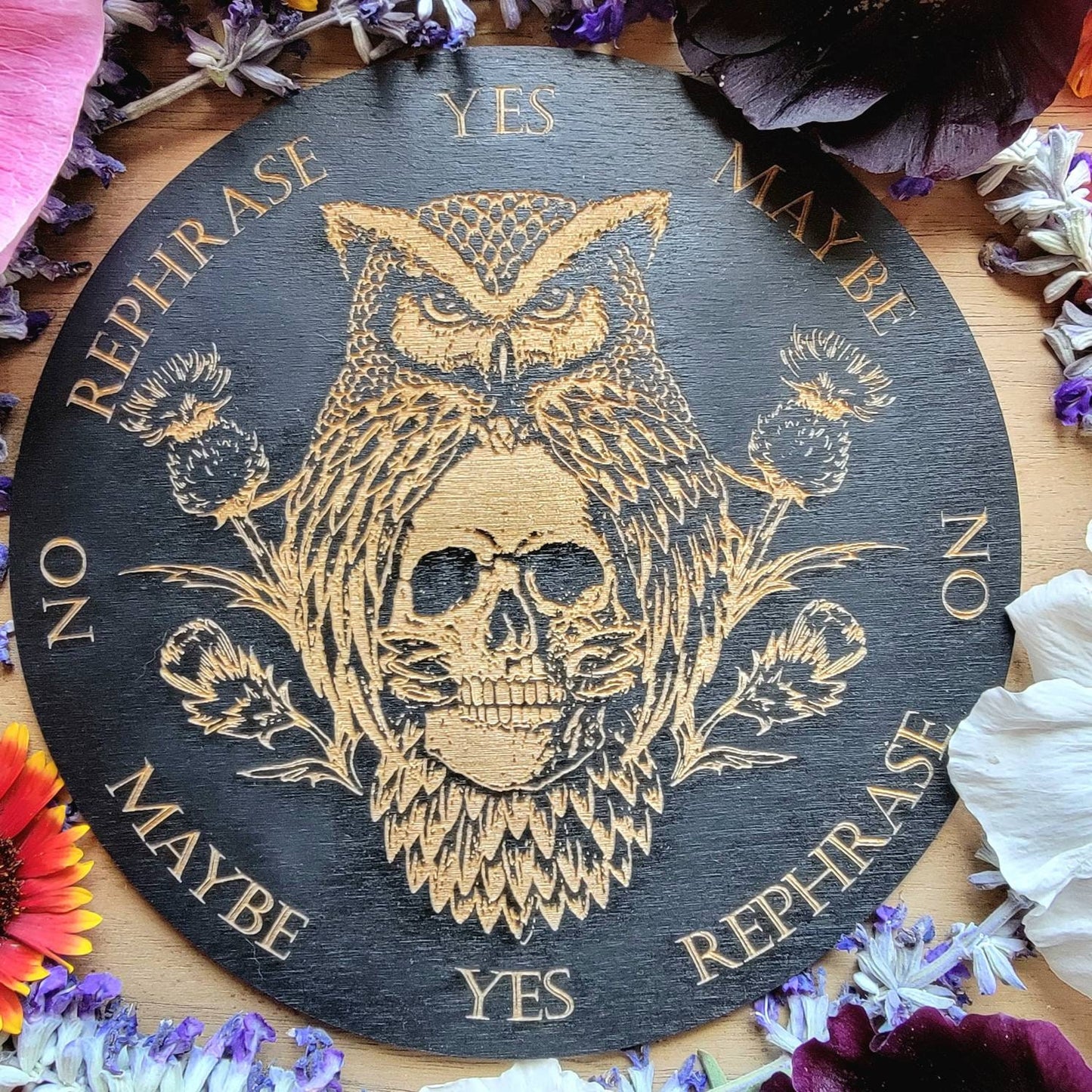 Owl & Skull Messenger wood pendulum board | laser engraved | divination | altar tile | scrying | divination | dowsing