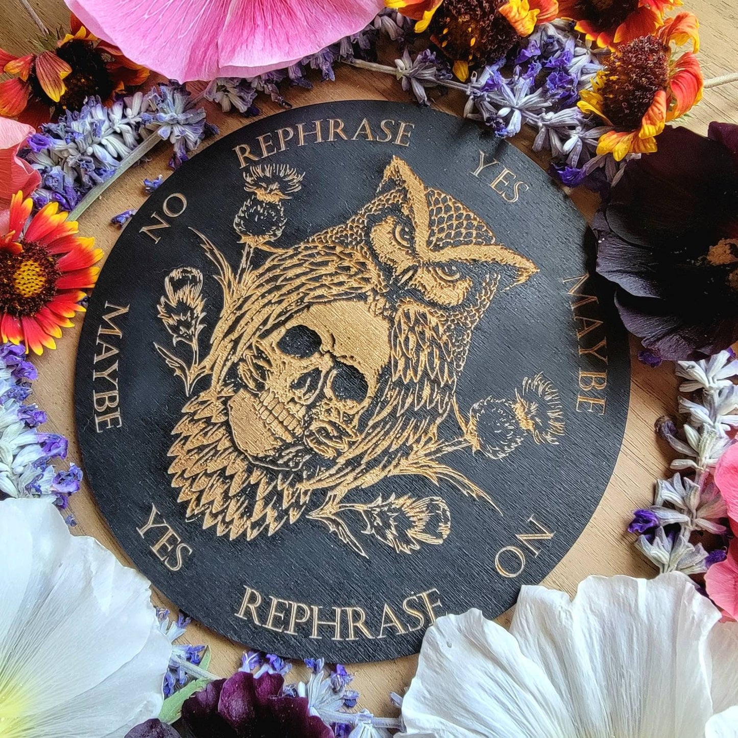 Owl & Skull Messenger wood pendulum board | laser engraved | divination | altar tile | scrying | divination | dowsing