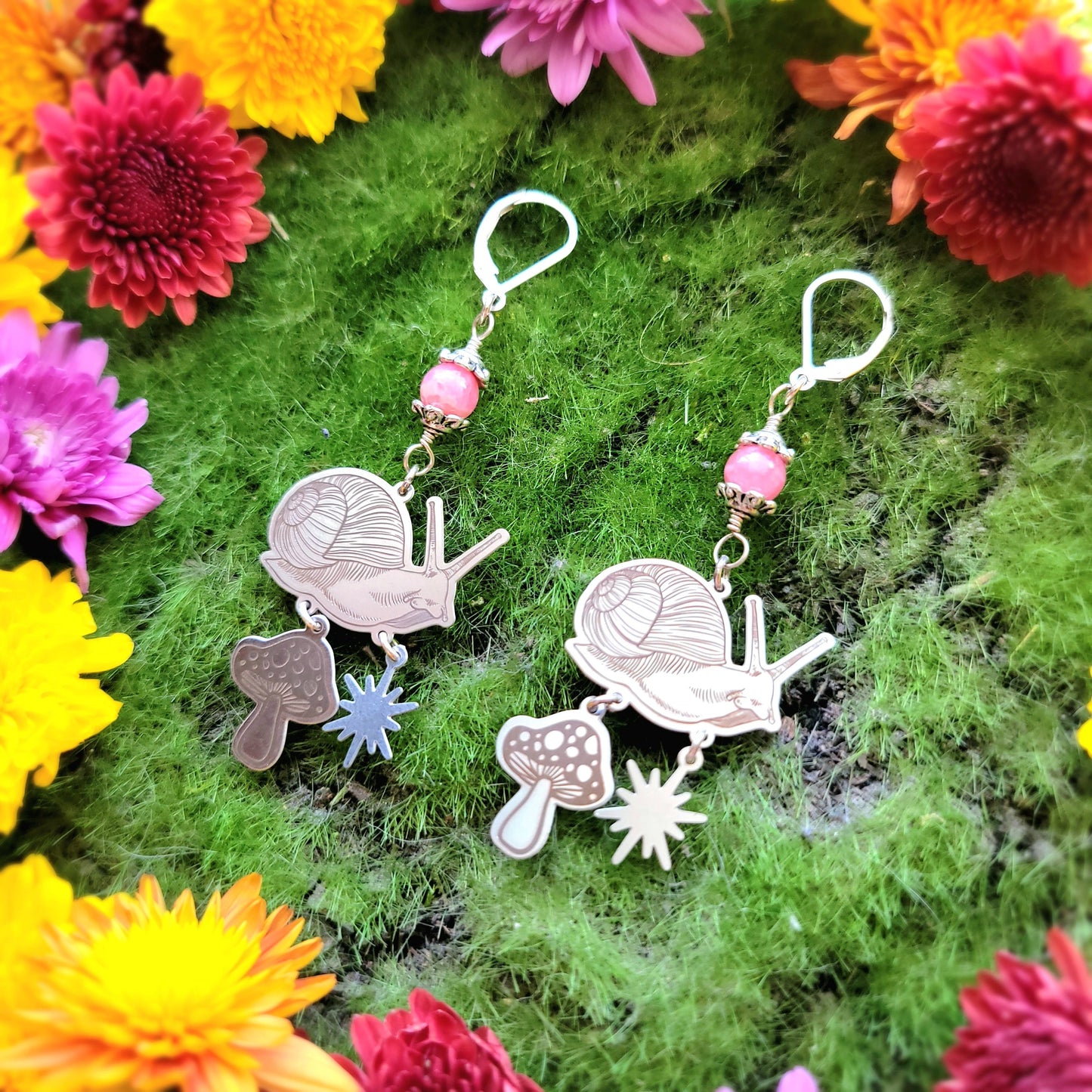 Rhodochrosite Snail and Mushroom Stainless Steel earrings