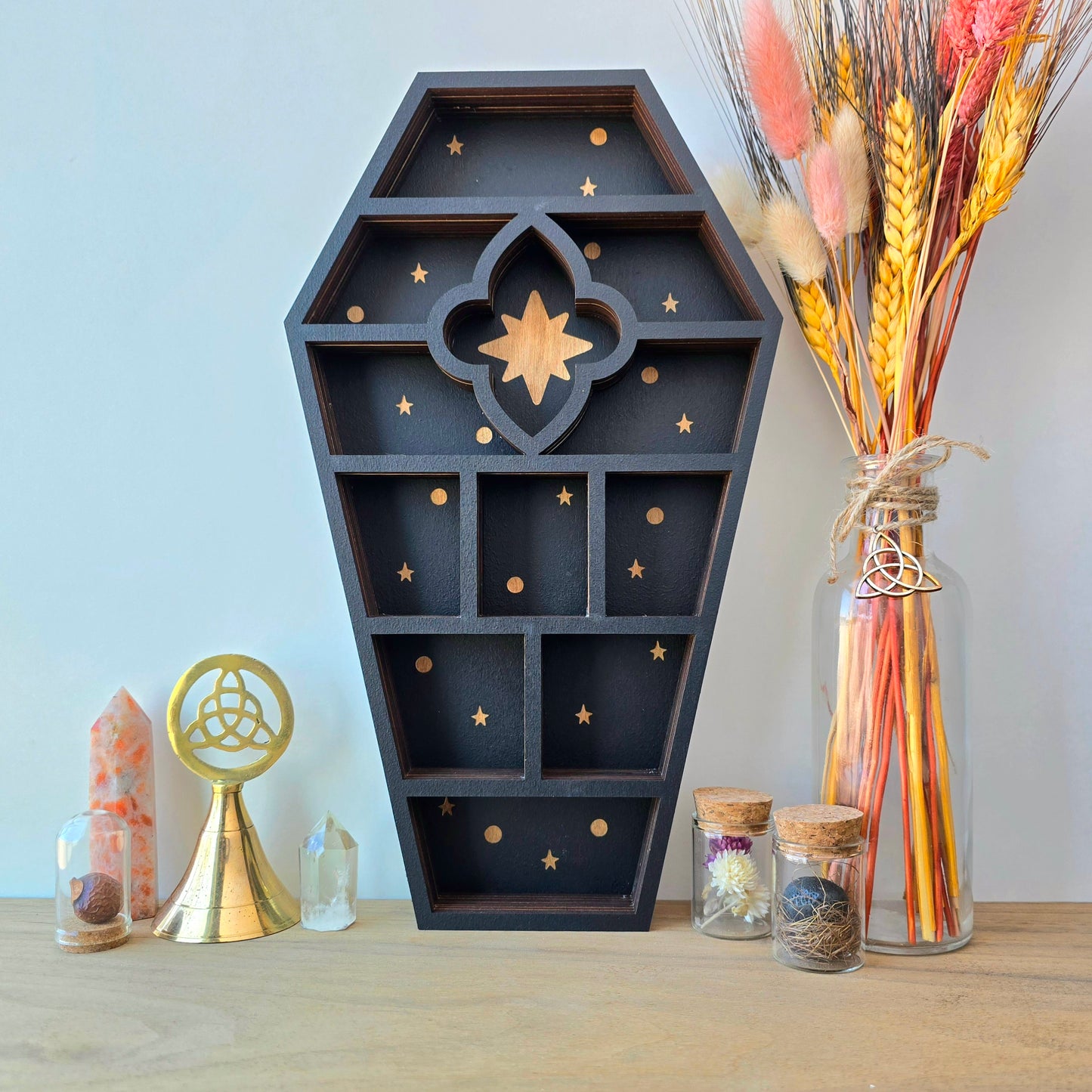 Wood Coffin Curio Shelf | Crystal Shelf | display | crystal storage | crystal shelves |