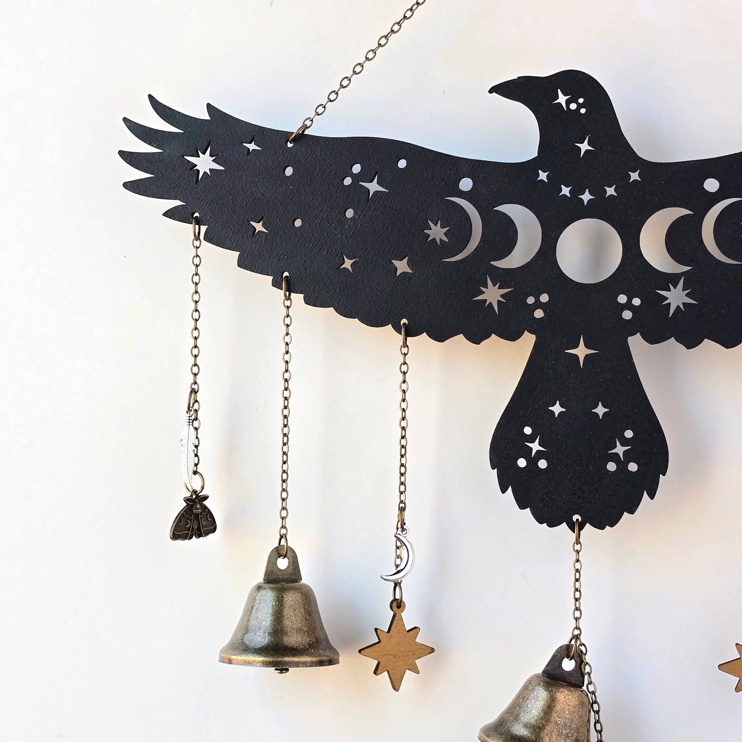 Raven Witch Bells| wood wall decor hanging |Wood Wall art | Witchy decor | altar | hanging bells