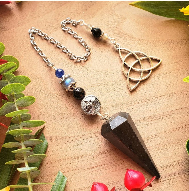 Black Tourmaline or Obsidian Pendulum | Sterling Silver Wrapped Beads | Triquetra Charm | Divination Tool