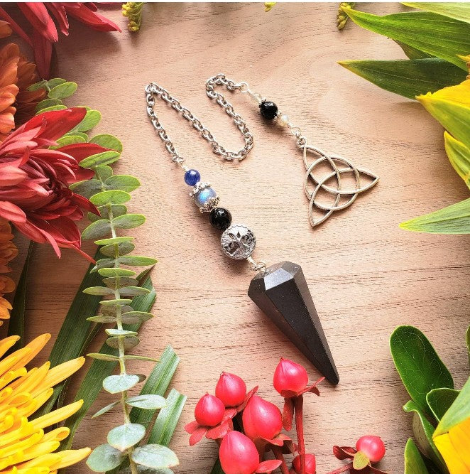 Black Tourmaline or Obsidian Pendulum | Sterling Silver Wrapped Beads | Triquetra Charm | Divination Tool