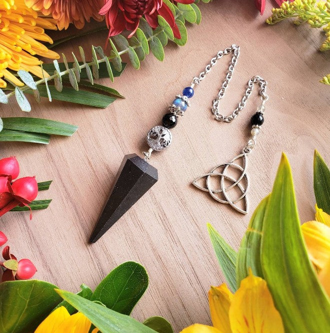 Black Tourmaline or Obsidian Pendulum | Sterling Silver Wrapped Beads | Triquetra Charm | Divination Tool