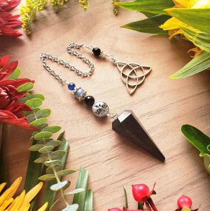 Black Tourmaline or Obsidian Pendulum | Sterling Silver Wrapped Beads | Triquetra Charm | Divination Tool
