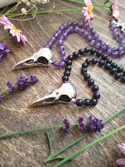 Raven Skull knotted choker | hand knotted silk | Gothic romance | Raven Spirit animal totem | Amethyst | Black Tourmaline