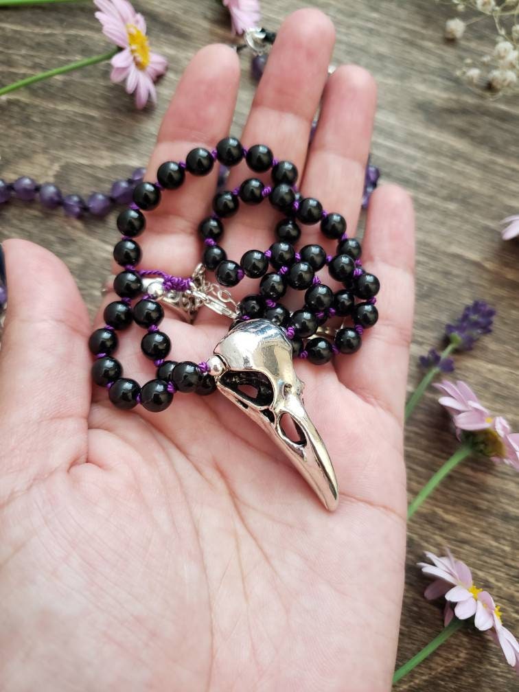 Raven Skull knotted choker | hand knotted silk | Gothic romance | Raven Spirit animal totem | Amethyst | Black Tourmaline