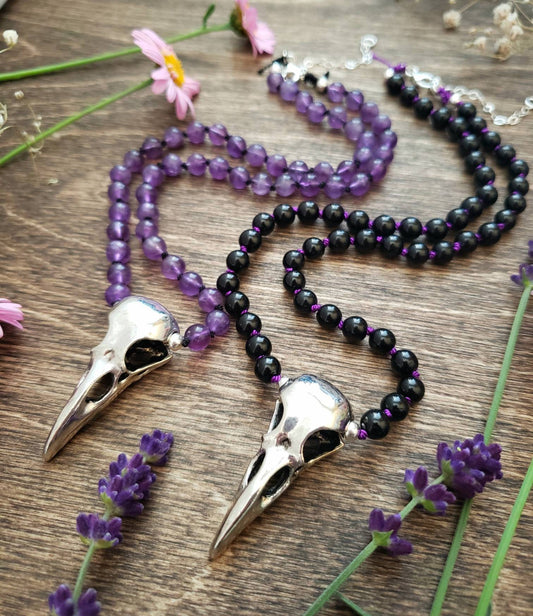 Raven Skull knotted choker | hand knotted silk | Gothic romance | Raven Spirit animal totem | Amethyst | Black Tourmaline