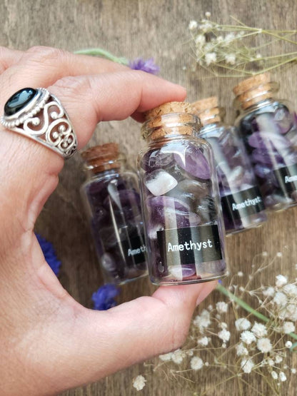 Amethyst Apothecary bottle | glass vial | natural tumbled crystals | crown chakra stones | crystal grid | Witchcraft supply | witch cabinet