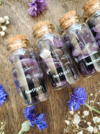 Amethyst Apothecary bottle | glass vial | natural tumbled crystals | crown chakra stones | crystal grid | Witchcraft supply | witch cabinet