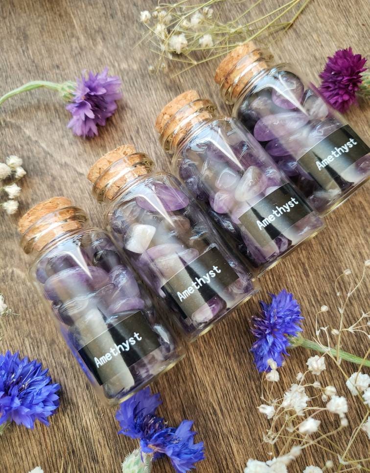 Amethyst Apothecary bottle | glass vial | natural tumbled crystals | crown chakra stones | crystal grid | Witchcraft supply | witch cabinet