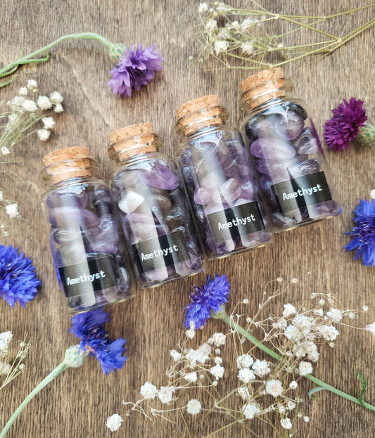 Amethyst Apothecary bottle | glass vial | natural tumbled crystals | crown chakra stones | crystal grid | Witchcraft supply | witch cabinet