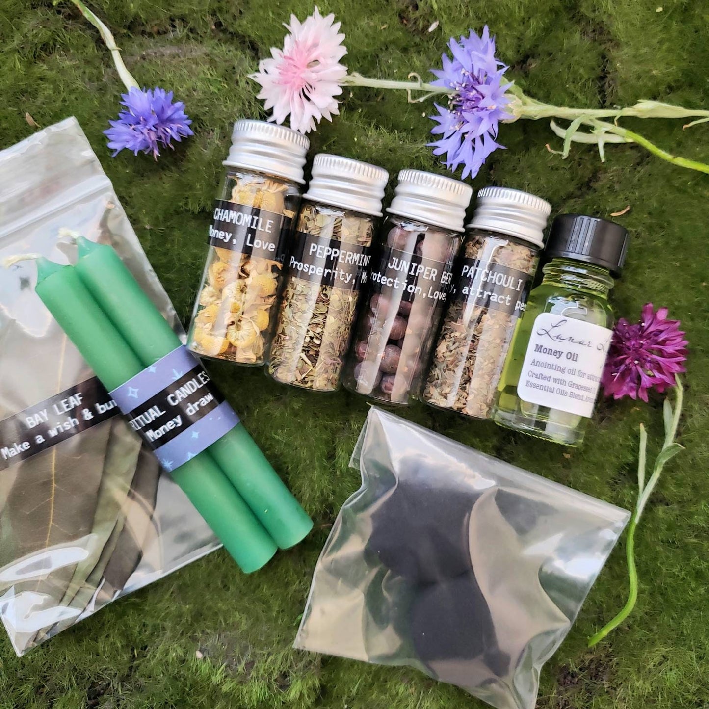 Witch's Supply Kit | Prosperity spell kit| money draw | apothecary bottles | magic Candles | money oil | green candles