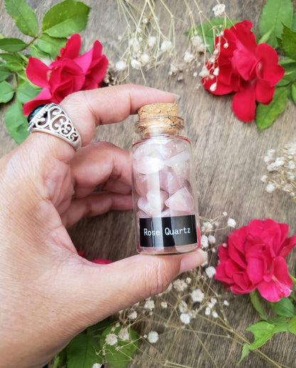 Rose Quartz Apothecary bottle | glass vial | natural tumbled crystal | heart chakra stone | crystal grid | Witchcraft supply | witch cabinet