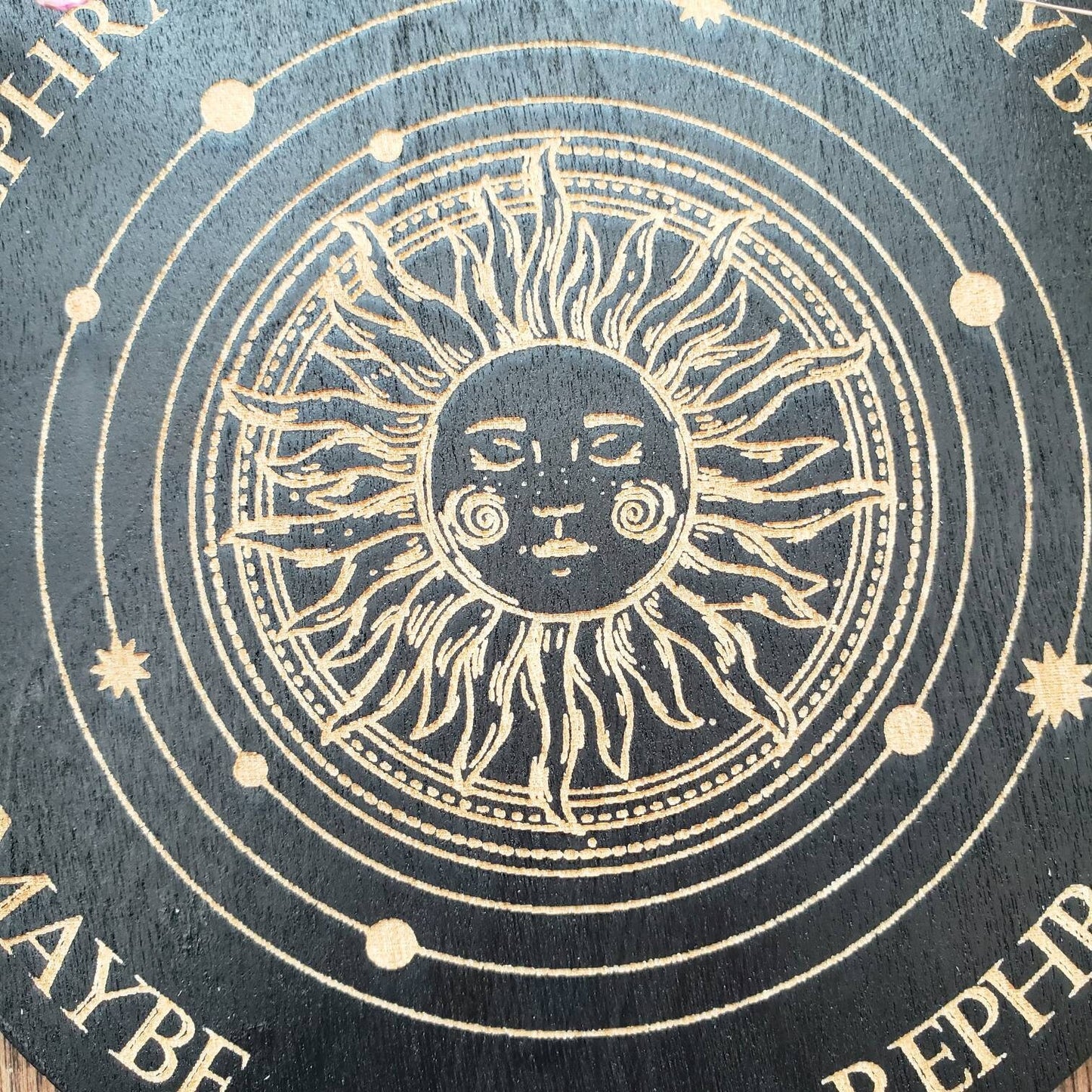 Sun wood pendulum board| Sol | laser engraved | altar tile | divination | black | Samhain | Halloween |