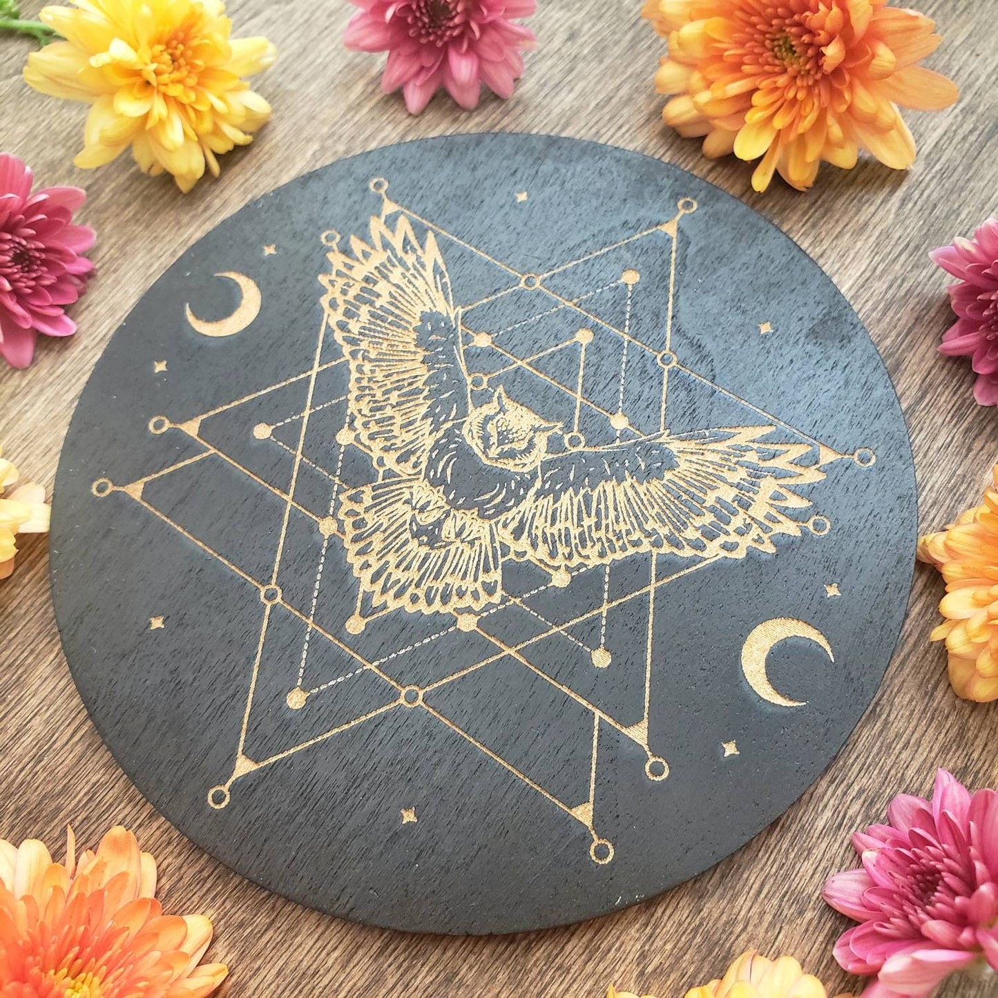 Cosmic Owl Crystal Grid | laser engraved | divination | Samhain | Halloween | Spirit Animal totem