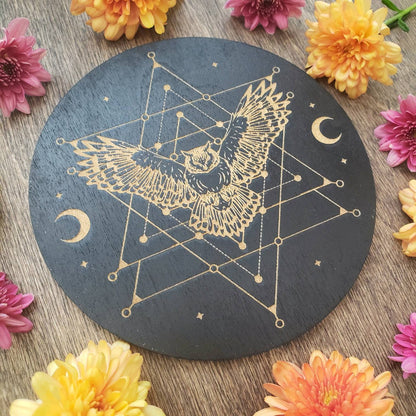 Cosmic Owl Crystal Grid | laser engraved | divination | Samhain | Halloween | Spirit Animal totem