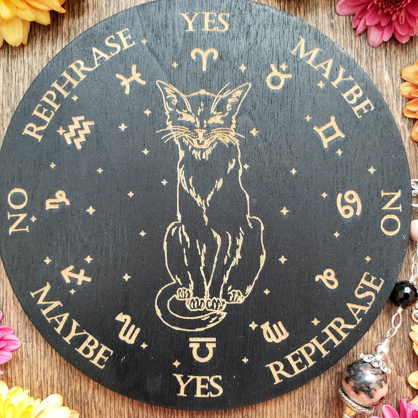 Black Cat wood pendulum board | laser engraved | divination | scrying | dowsing | witch board