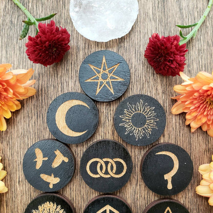 Dragon & Phoenix Rune box| 13 Witch Runes | black painted wood | Year of the Dragon | sun | wave | triquetra | fairy star | crescent m