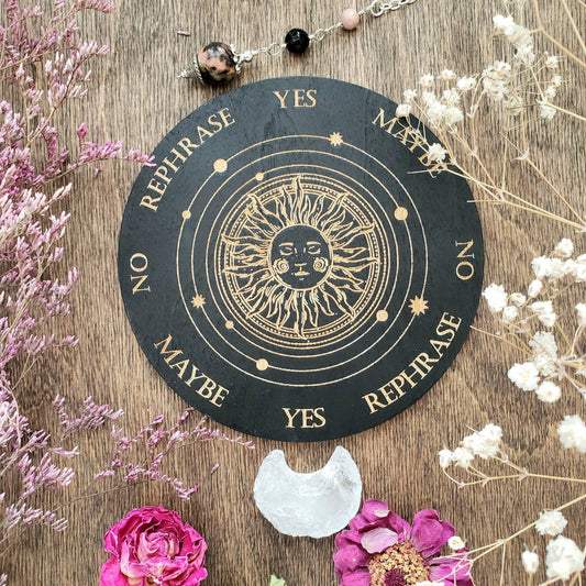 Sun wood pendulum board| Sol | laser engraved | altar tile | divination | black | Samhain | Halloween |