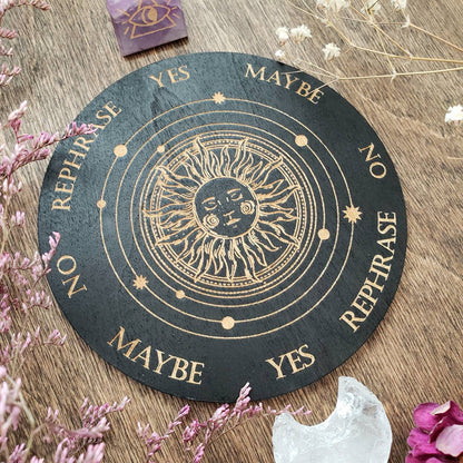 Sun wood pendulum board| Sol | laser engraved | altar tile | divination | black | Samhain | Halloween |