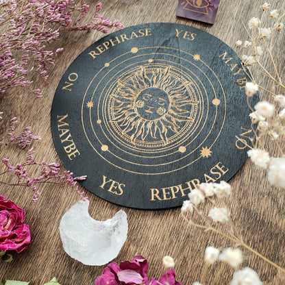 Sun wood pendulum board| Sol | laser engraved | altar tile | divination | black | Samhain | Halloween |