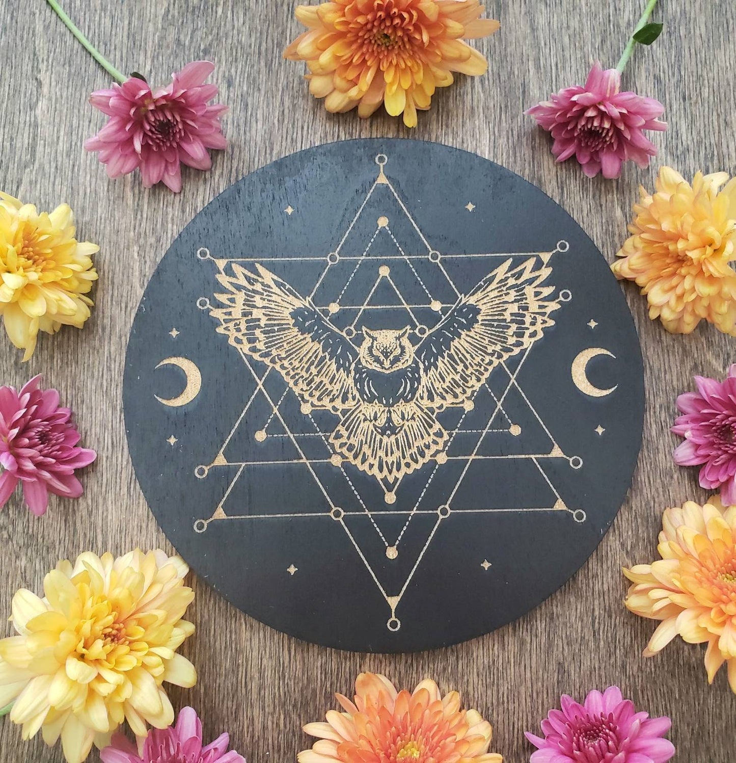 Cosmic Owl Crystal Grid | laser engraved | divination | Samhain | Halloween | Spirit Animal totem