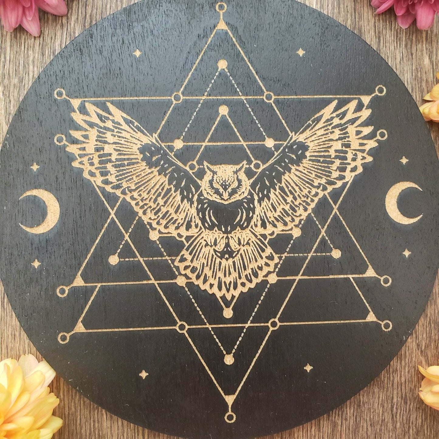 Cosmic Owl Crystal Grid | laser engraved | divination | Samhain | Halloween | Spirit Animal totem