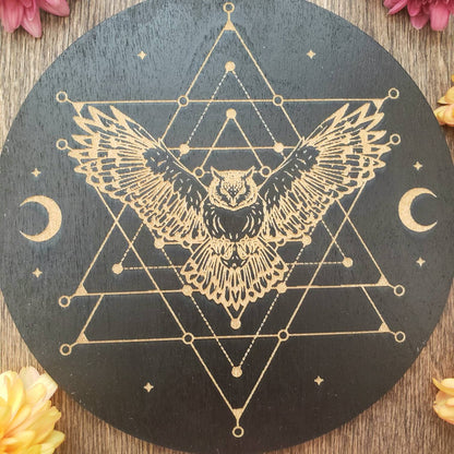 Cosmic Owl Crystal Grid | laser engraved | divination | Samhain | Halloween | Spirit Animal totem