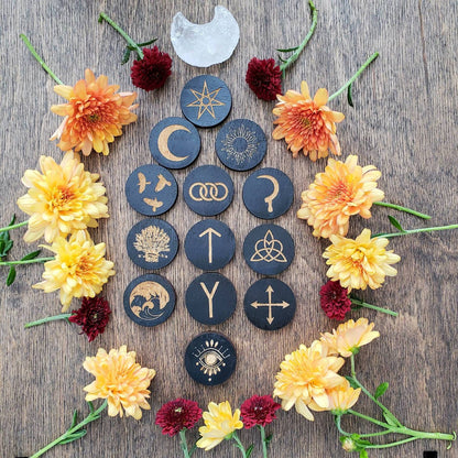 Triple Moon Rune Box | 13 Witch Runes | black painted wood | laser cut | the eye | sun | wave | triquetra | fairy star | crescent moon