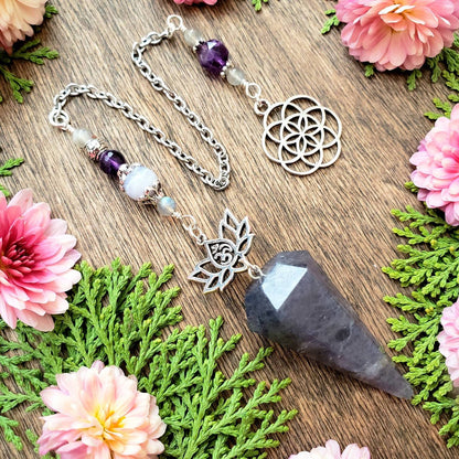 Iolite Pendulum | Sacred Geometry flower of Life | Seed of life | Om Lotus charm | Amethyst |  Labradorite | Blue Lace Agate