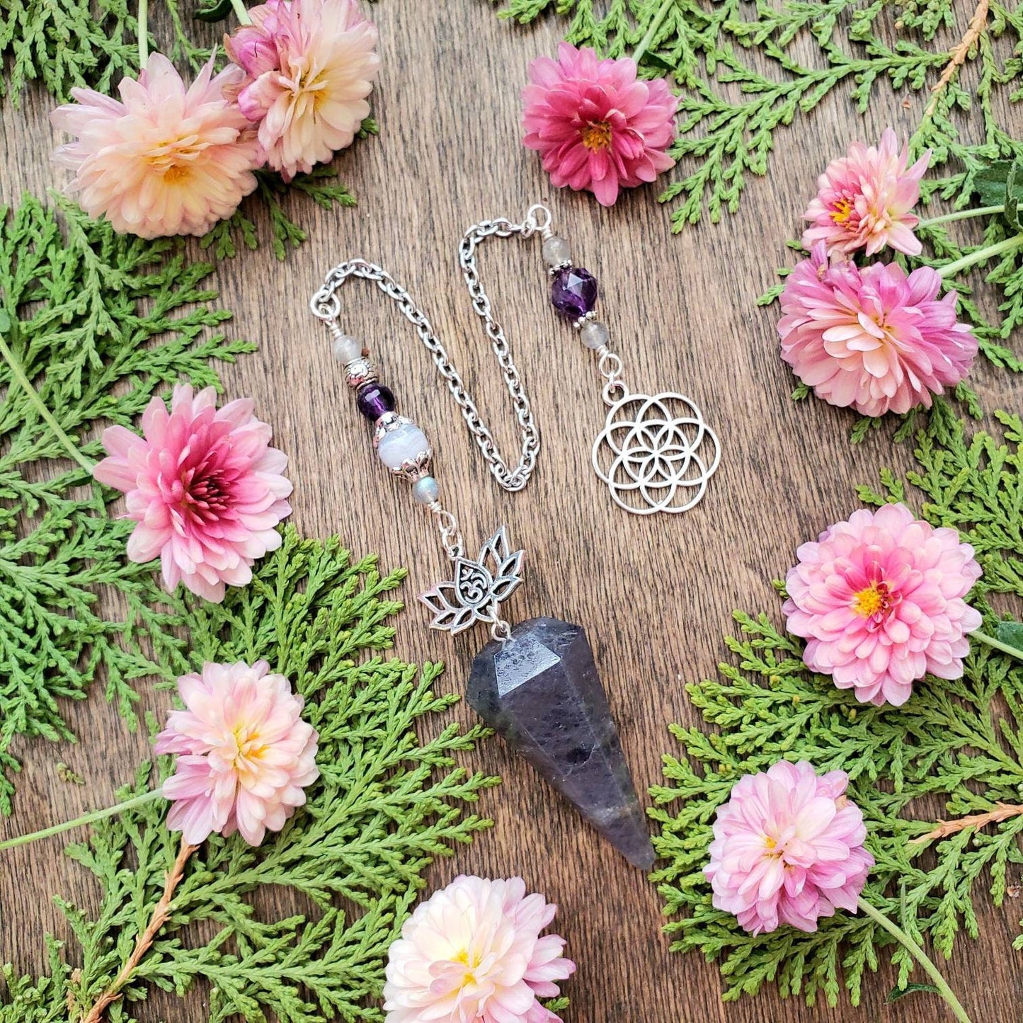 Iolite Pendulum | Sacred Geometry flower of Life | Seed of life | Om Lotus charm | Amethyst |  Labradorite | Blue Lace Agate