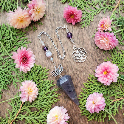 Iolite Pendulum | Sacred Geometry flower of Life | Seed of life | Om Lotus charm | Amethyst |  Labradorite | Blue Lace Agate