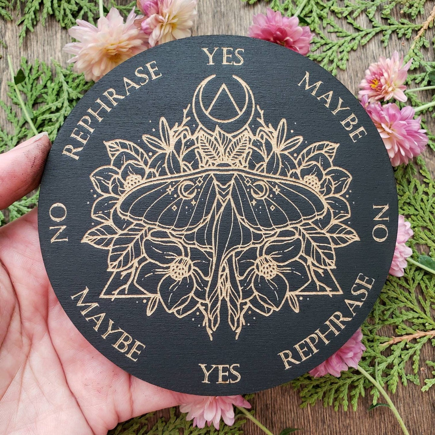 Luna Moth wood pendulum board | Moon Moth | Magnolia flowers | laser engraved | divination | altar tile | black |scrying | dowsing