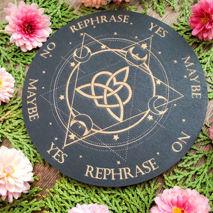 Triquetra & Moons pendulum board | wood laser engraved | divination | altar tile | black | Scrying | dowsing