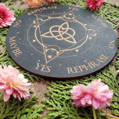 Triquetra & Moons pendulum board | wood laser engraved | divination | altar tile | black | Scrying | dowsing